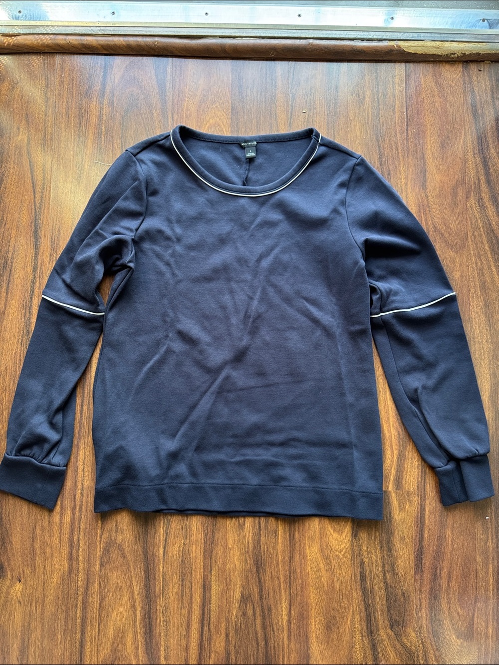 Ann Taylor Navy Long Sleeve Top with White Piping